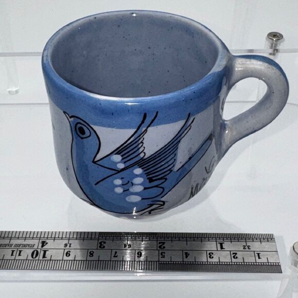 3 Mexican Tonala Pottery Blue Bird Mug Hand Painted Folk Art Mexico Signed VG - Picture 9 of 9